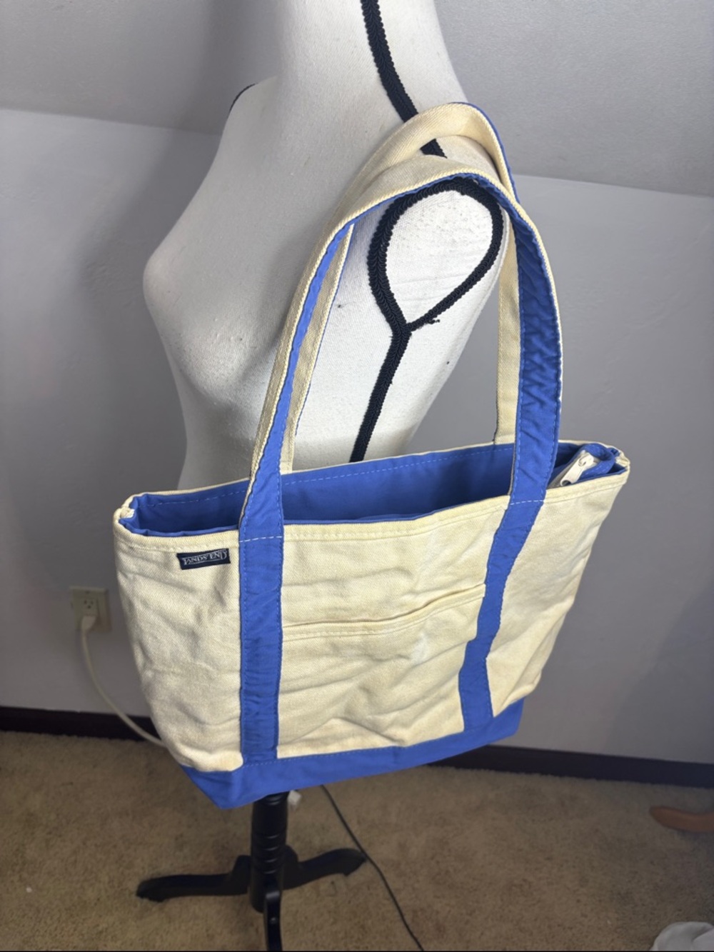 Lands' End  Natural Canvas Tote with Blue Trim and Handles